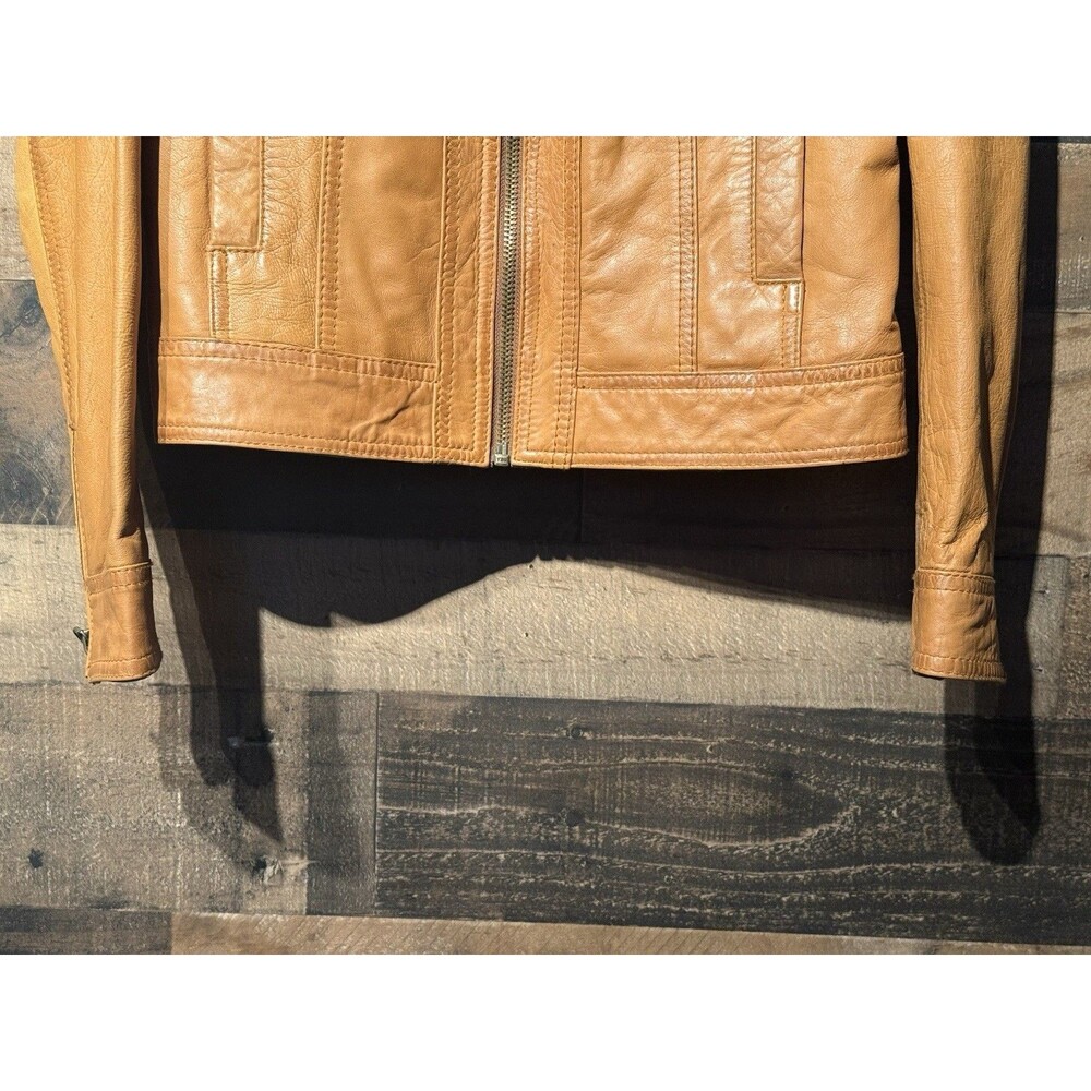 RARE-Black Rivet Wilson Leather Moto Jacket Y2K M Cognac Brown Genuine Biker - Picture 8 of 16